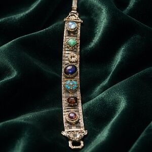 Vintage Mid Century Multi-Chabocon Glass/Gold Tone Panel Bracelet